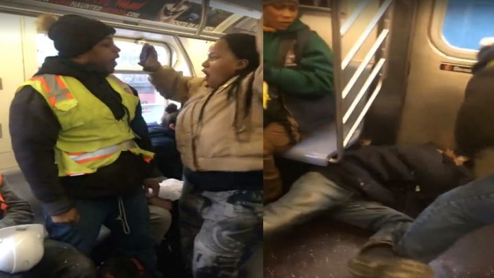 Разъяренная афроамериканка плюет в мужчину из-за места в поезде, а тот в ответ набрасывается на ее избранника!