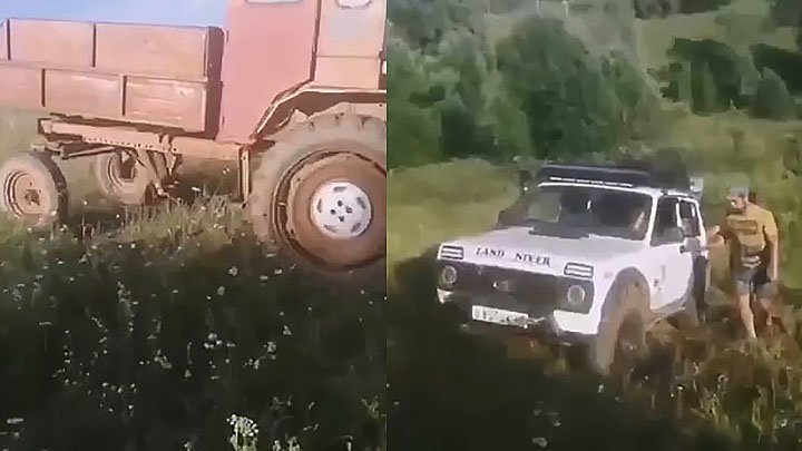 Тянем-потянем: трактор перевернулся на "Ниву"