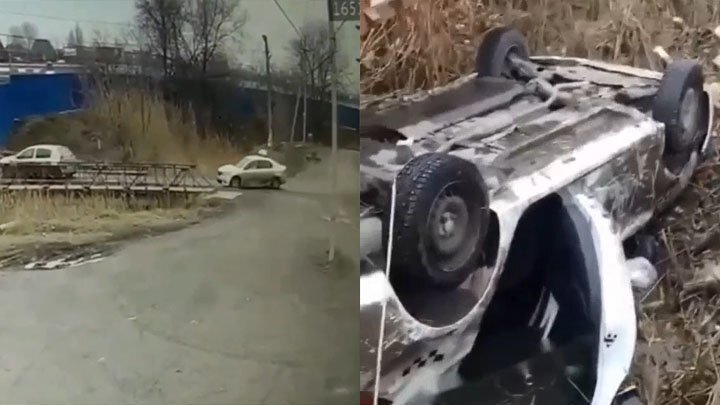 В Ростовской области такси с тремя пассажирам упало с мостика и перевернулось на крышу