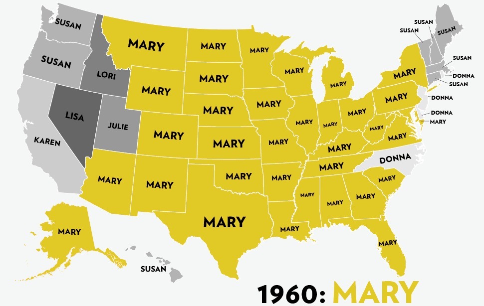 Карта самых популярных имён для родившихся девочек по штатам США 