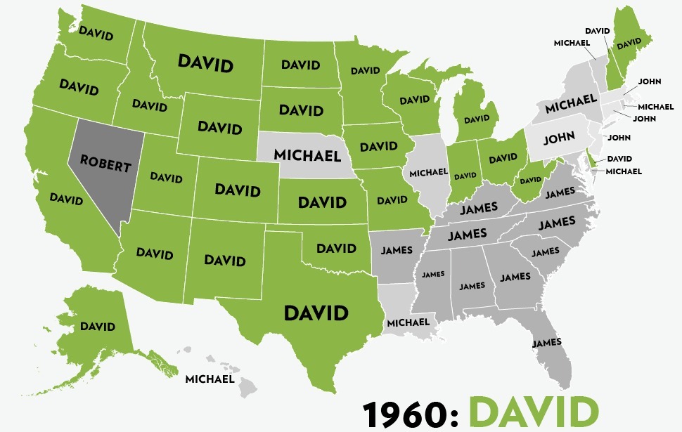 Карта самых популярных имён для родившихся мальчиков по штатам США