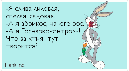 -Я слива лиловая,  спелая, садовая. -А я абрикос, на юге рос. -А я Госнаркоконтроль! Что за х*ня  тут творится?