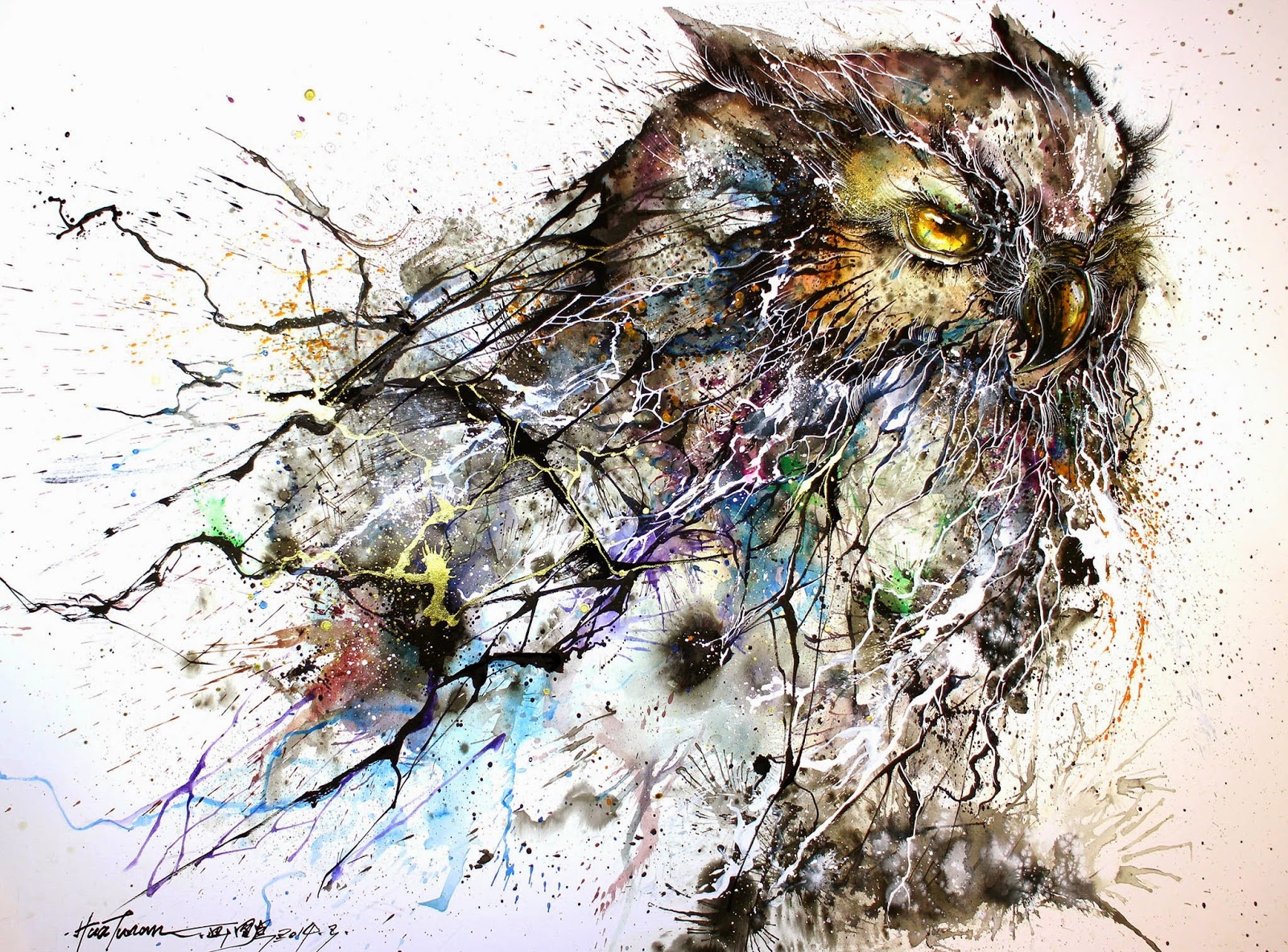 Новая работа художника Hua Tunan "Night Owl" из разноцветных брызг.