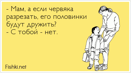 - Мам, а если червяка разрезать, его половинки  будут дружить? - С тобой - нет. 