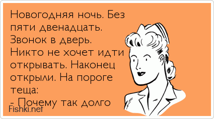 Новогодняя ночь. Без пяти двенадцать. Звонок в дверь. Никто не хочет идти открывать. Наконец открыли. На пороге теща: - Почему так долго