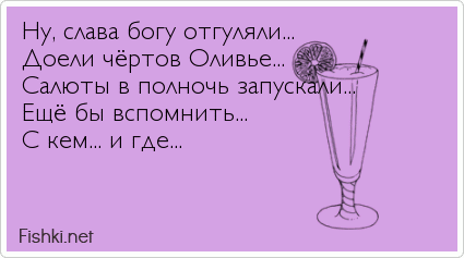 Ну, слава богу отгуляли... Доели чёртов Оливье... Салюты в полночь запускали... Ещё бы вспомнить... С кем... и где... 