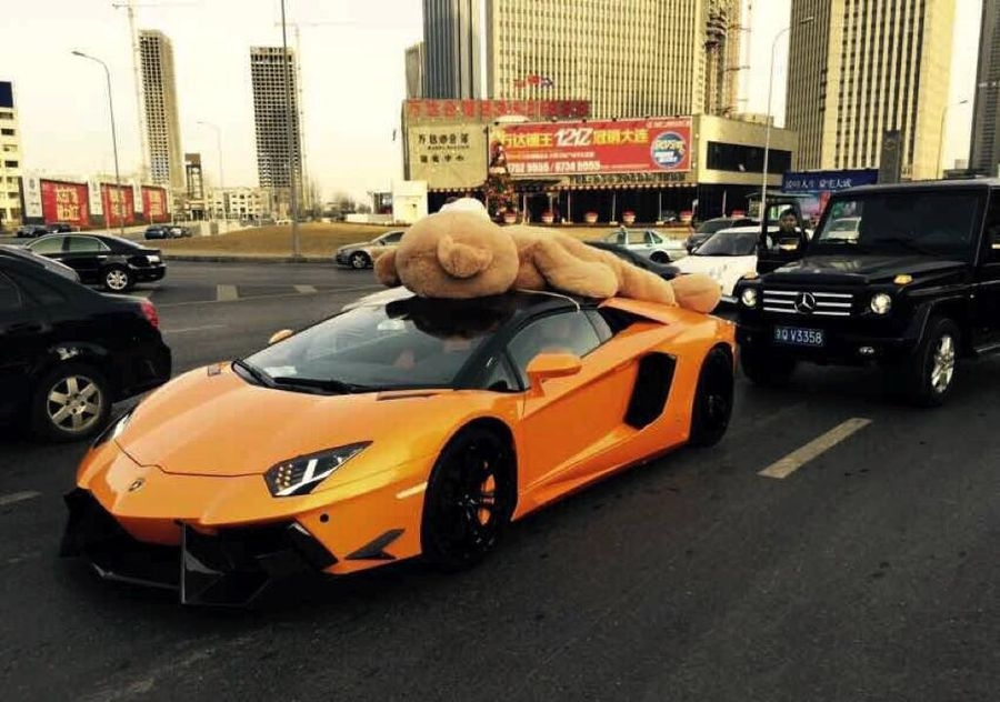 Lamborghini с плюшевым медведем на крыше