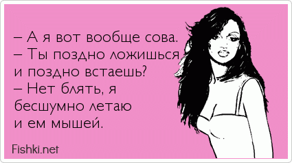  – А я вот вообще сова. – Ты поздно ложишься и поздно встаешь? – Нет блять, я бесшумно летаю и ем мышей.