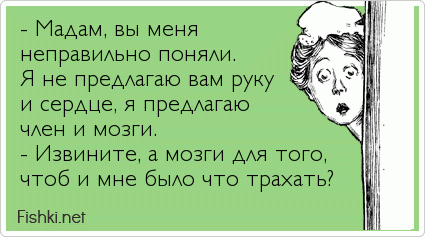 - Мадам, вы меня неправильно поняли. Я не предлагаю вам руку и сердце, я предлагаю член и мозги. - Извините, а мозги для того, чтоб и...