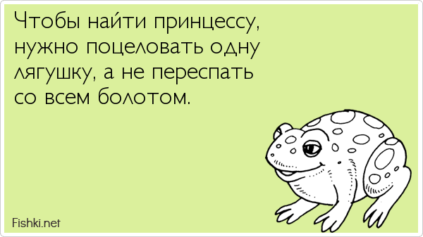 Чтобы найти принцессу, нужно поцеловать одну лягушку, а не переспать со всем болотом.