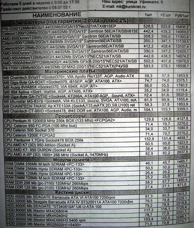 Прайс лист на компьютерные комплектующие 2002 года