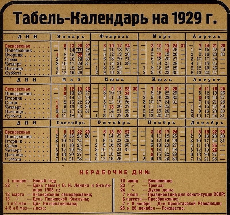 Советский табель-календарь 1929 года - "микс" религиозных и партийных праздников..