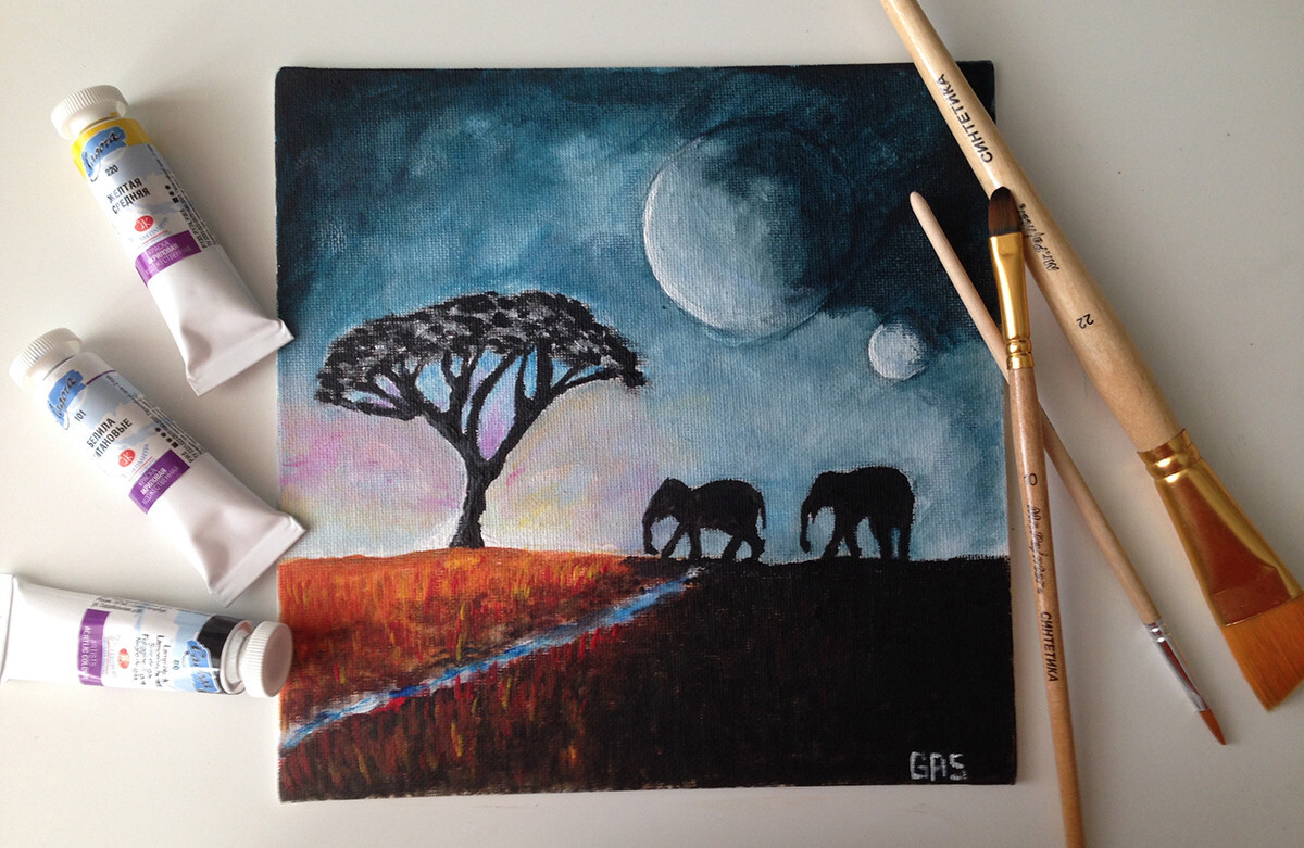 Нарисовал пейзаж другой планеты «Слоны на прогулке»