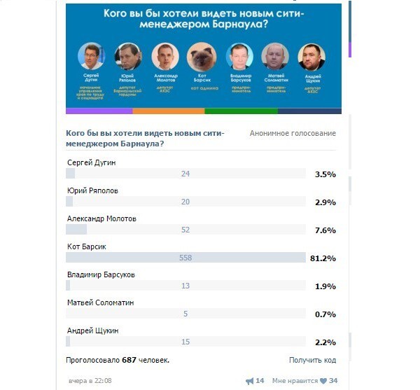 На выборах сити-менеджера Барнаула лидирует кот Барсик