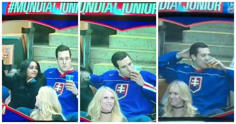 Хоккейный фанат, попав в объектив «камеры поцелуев», чмокнул стакан пива вместо девушки