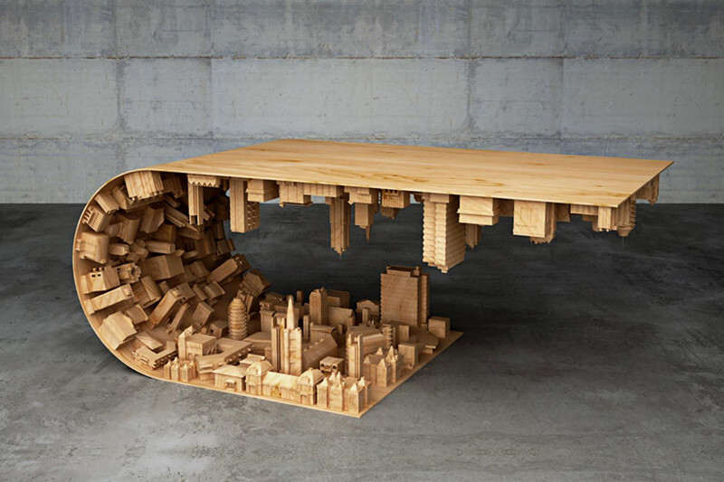 Согнутый стол с городским 3D-ландшафтом