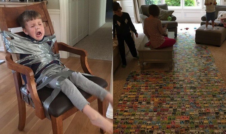 Дети привязали младшего брата к стулу скотчем, потому что он мешал им играть в покемонов