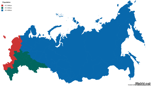 Территория России, разделенная на 3 части с одинаковым населением