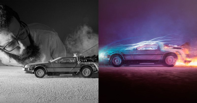 Реалистичные снимки DeLorean, при помощи игрушечного автомобиля