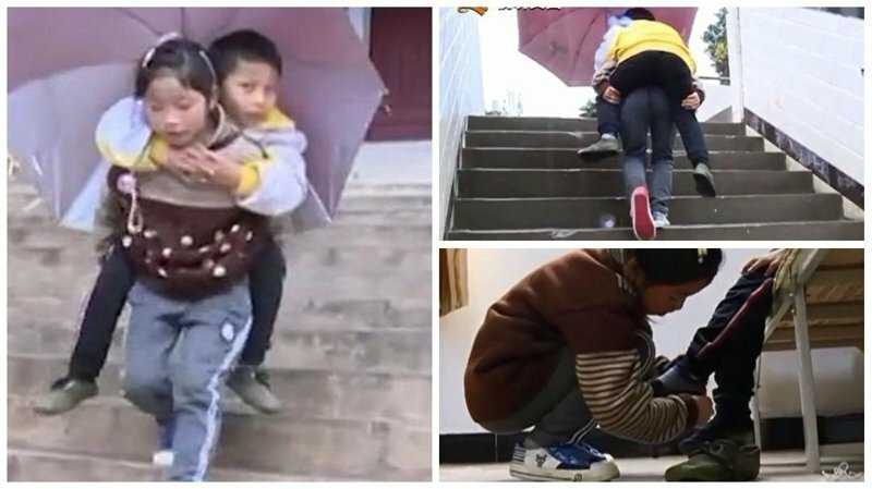 9-летняя китаянка каждый день носит своего брата-инвалида в школу