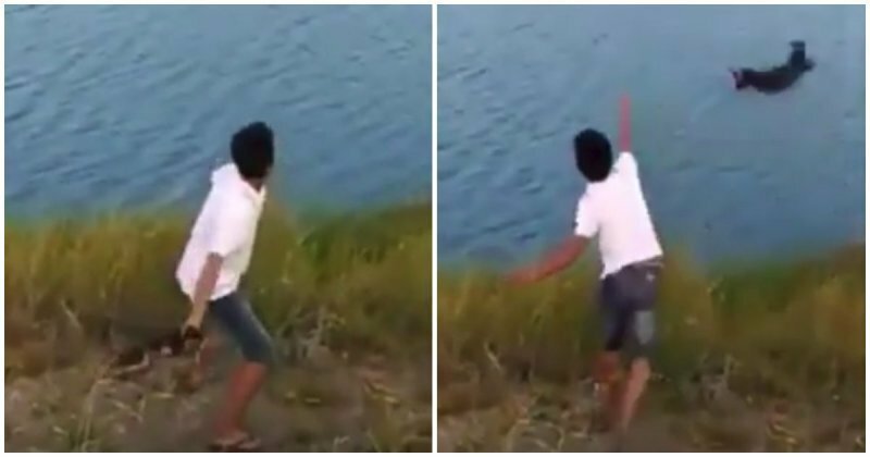 Малолетний идиот бросил крохотного щенка в водоем с крокодилами 