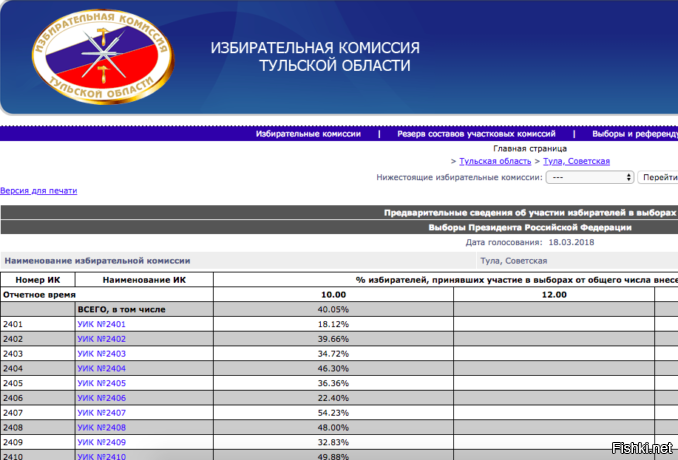 Сайт Тульского избиркома сообщил о 40% явке на мартовских выборах президента