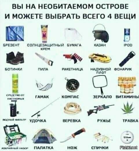 Спички, нож, надувной плот, аварийный набор )))))))))