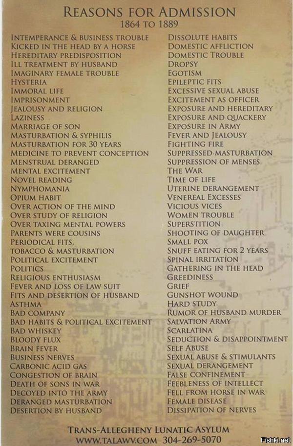 Этот список реалов для приема в сумасшедший дом в 1800-х годах читается как с...