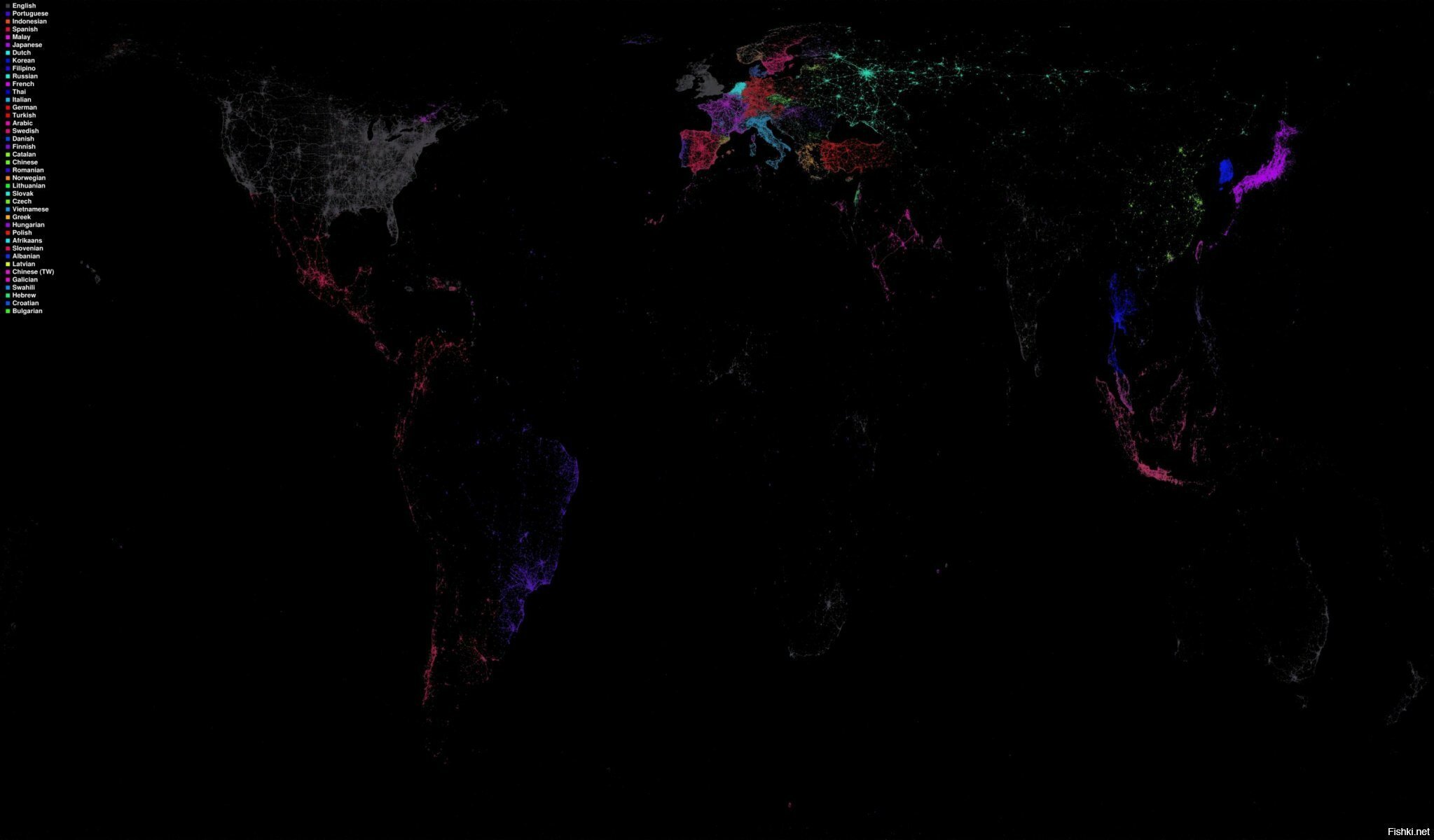 Детальная карта Мира, отображаемая сообщениями в Твиттер (Twitter), каждый цв...