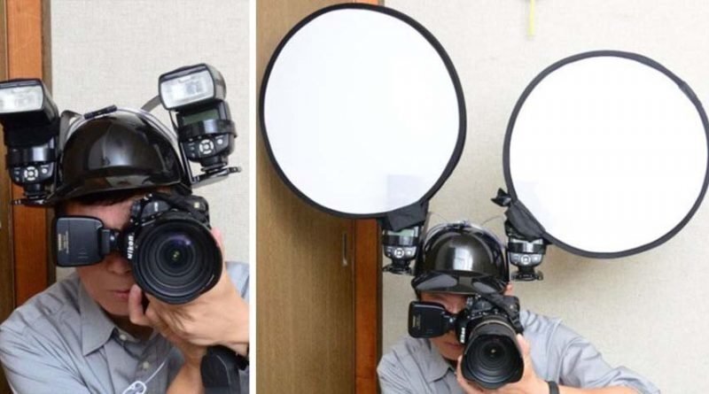 Фотограф из Японии нашёл гениальный способ удерживать фотовспышки с помощью пивного шлема