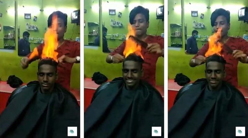 В Индии парикмахер использует огонь, чтобы подстричь своего клиента