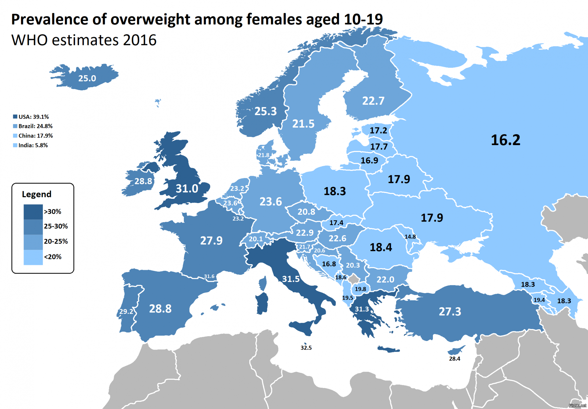 Процент имеющих лишний вес девушек в возрасте от 10 до 19