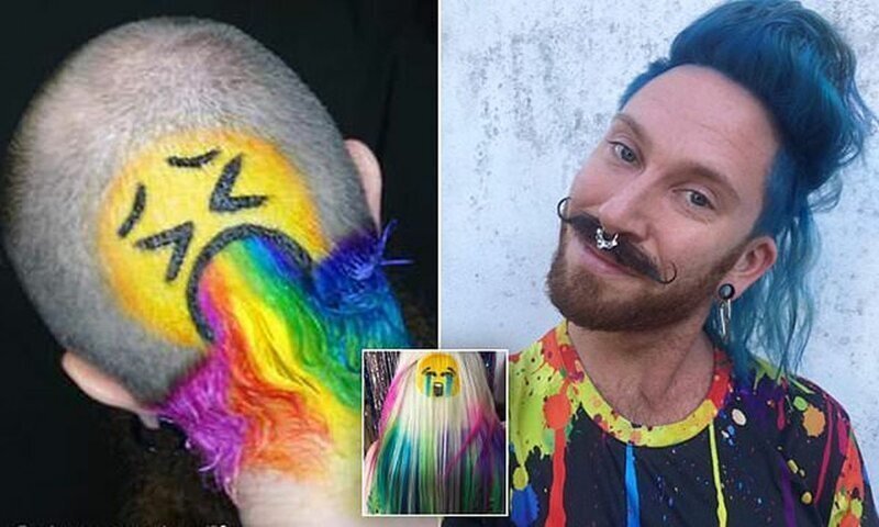 Парикмахер выкрасил на голове клиента смайлик, блюющий радугой