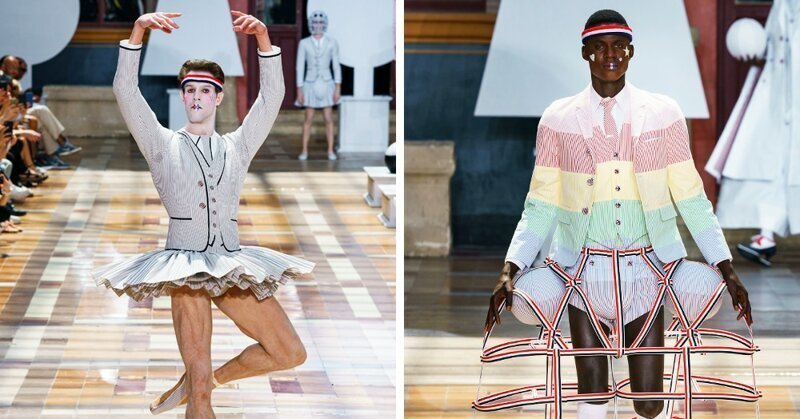 На Парижской неделе моды представлена мужская коллекция. Там есть юбки, платья, мячи и сумка-такса