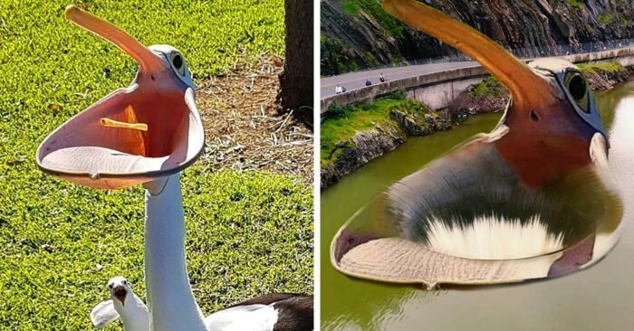 В сети делают фотопародии на пеликана, который так разинул свой клюв, что чуть не поглотил весь мир