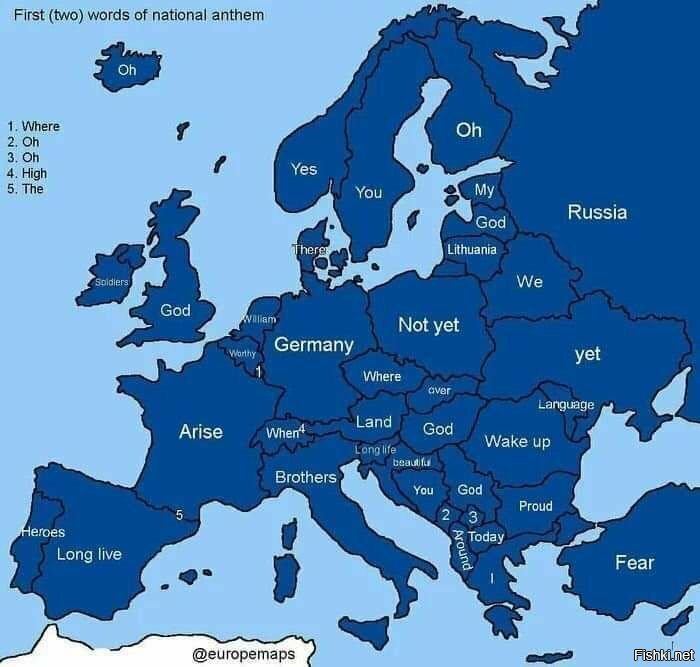 Карта Европы с первым словом из гимна каждой страны