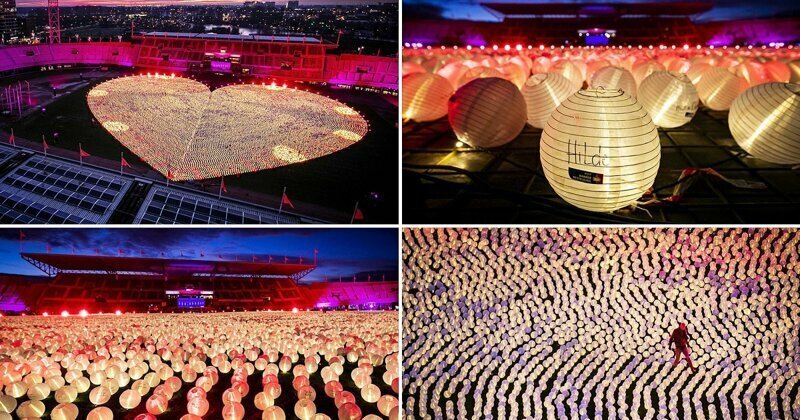 Сердце из тысяч фонариков на Олимпийском стадионе Амстердама в знак поддержки онкобольных