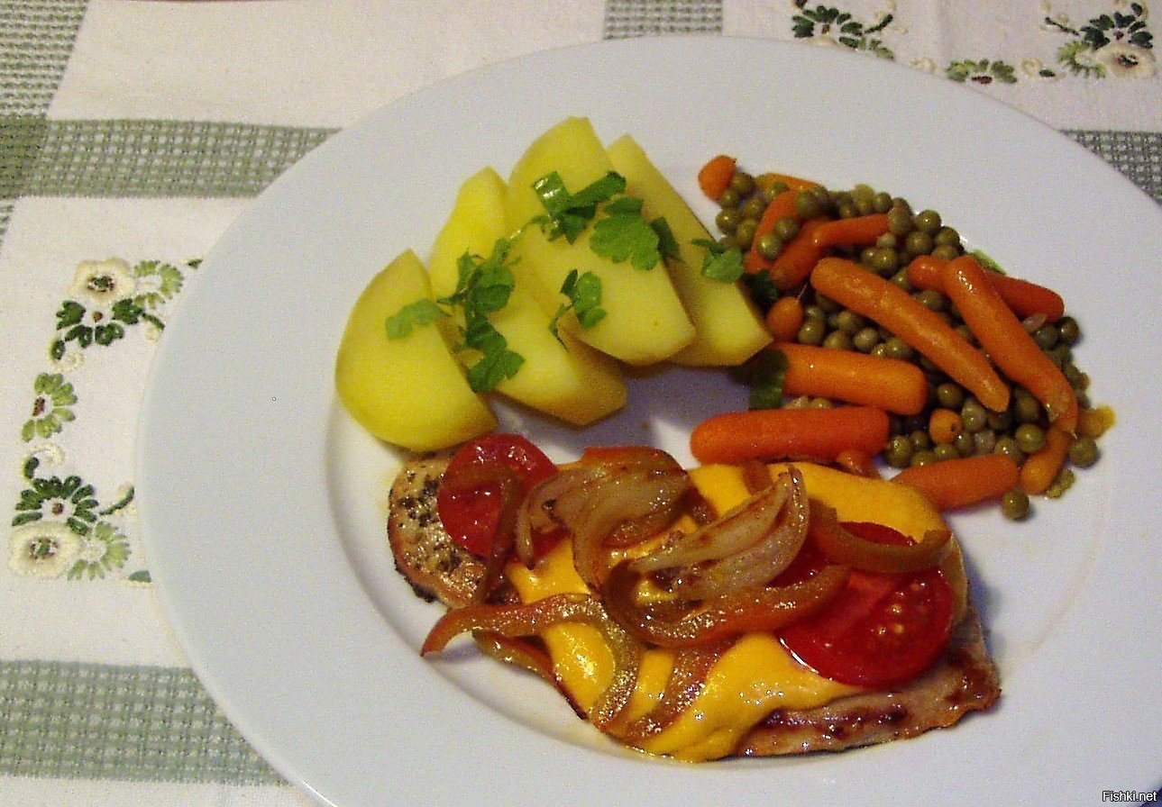 Свиной шницель с сыром, томатами и жареными луком и болгарским перцем