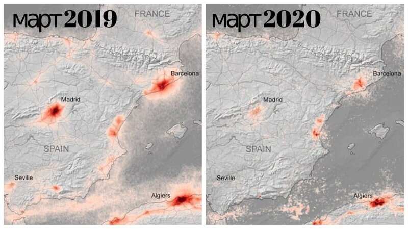 Спутниковые снимки показывают, как изменилась атмосфера над Парижем, Мадридом и Миланом