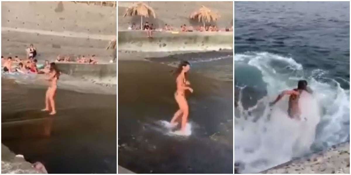 В Сочи туристка попыталась эффектно войти в море, но волны накрыли её