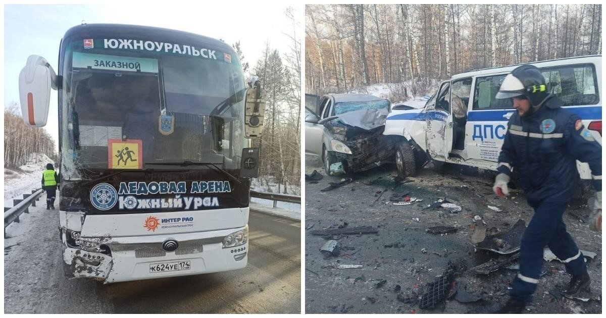 Машина ДПС подставилась под удар, чтобы спасти от аварии автобус с детской хоккейной командой