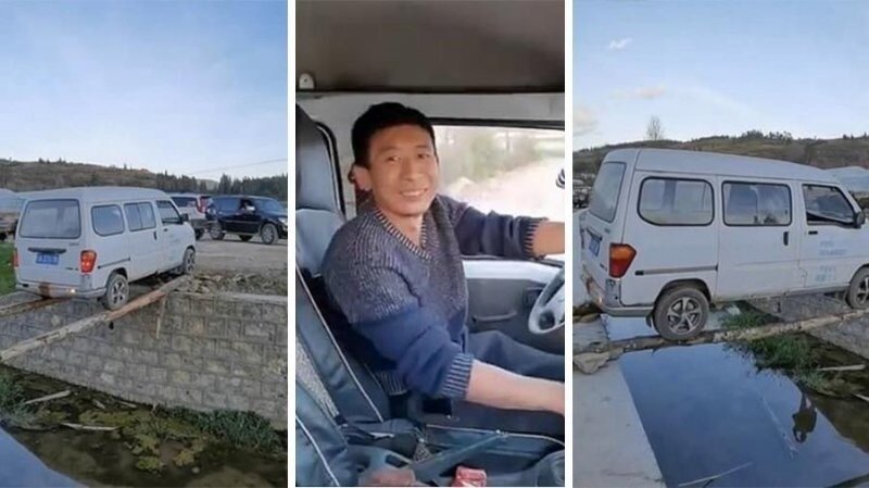 Водитель из Китая продемонстрировал невероятное мастерство, проехав по двум брёвнам