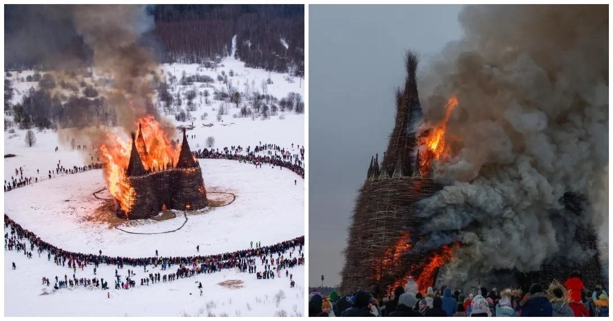В Калуге на Масленицу сожгли огромный "замок корона-людоеда"