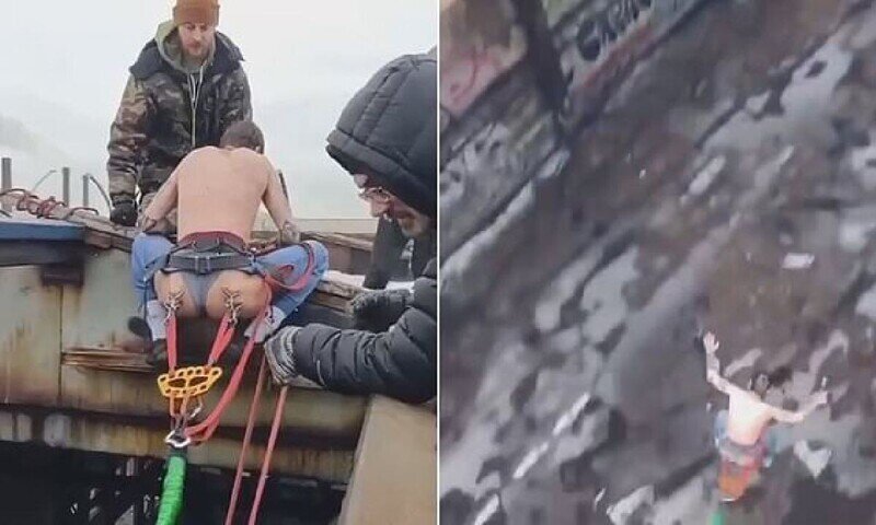 "Отбитый на всю голову" экстремал прыгнул с тарзанки, прикрепленной крюками к его ягодицам