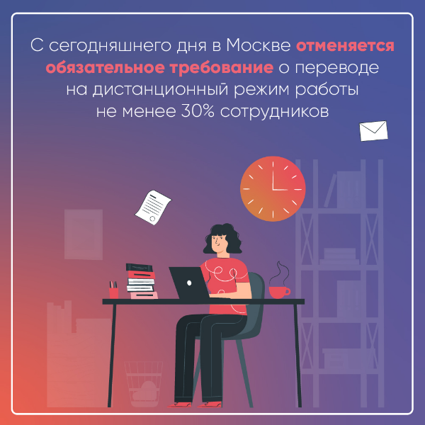 В Москве отменяется требование о переводе не менее 30% сотрудников на удалёнку