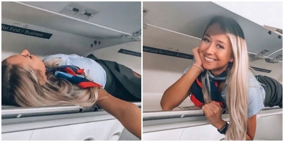 Очаровательная стюардесса залезла на багажную полку в миниюбке и нарвалась на шквал критики