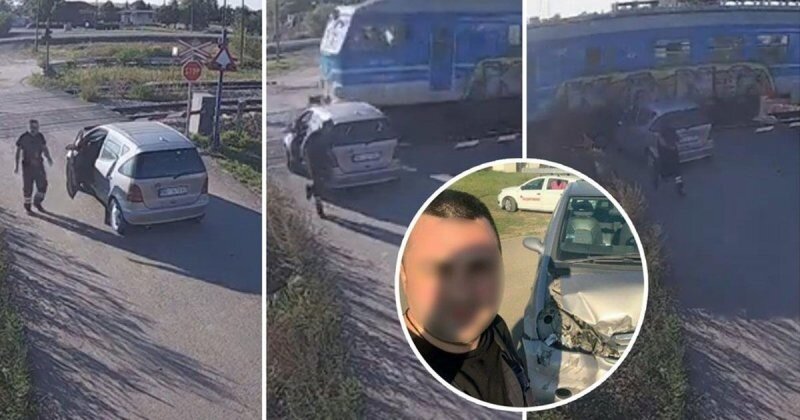 Сербский водитель выпрыгнул из машины за секунду до столкновения с поездом, а затем сделал селфи рядом с разбитой машиной