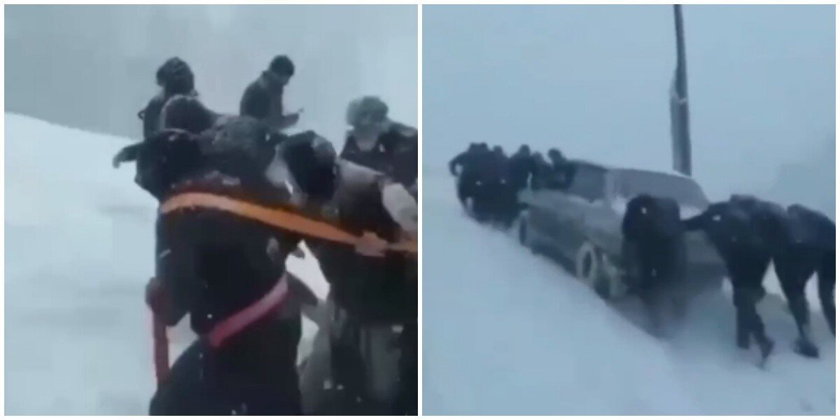 В Дагестане женщин запрягли вытаскивать машину из снега