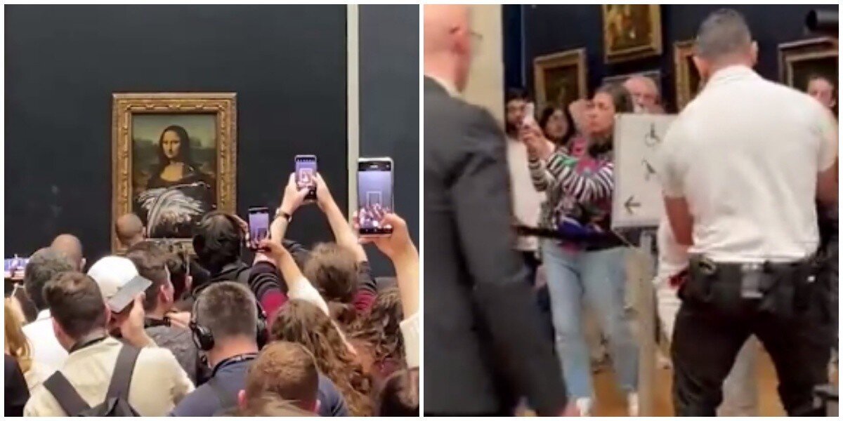 В Лувре переодетый в старушку посетитель встал из инвалидного кресла и закидал Мона Лизу тортом и розами