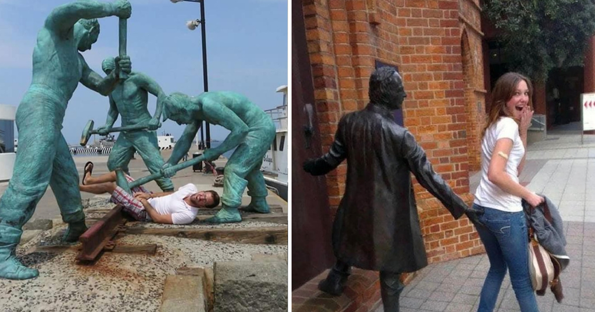40 фото, на которых люди дурачатся со статуями